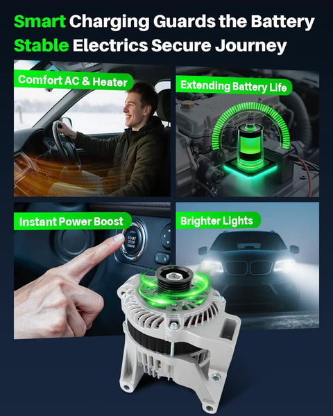 Infographic showing benefits of a Beefed Up Alternator For Mazda 5 L4 2.3L 2008 2009 2010 110 Amp 12 Volt Clockwise Rotation 6 Groove Pulley Replacement Part OE Numbers LFB618300 A3TJ1091 11398, highlighting comfort, battery life, power boost, and lights.