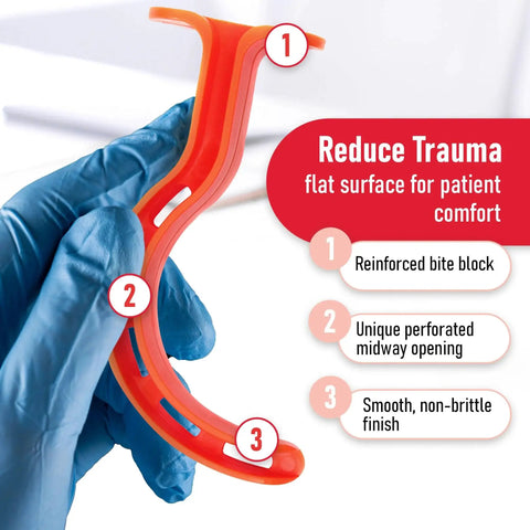Close-up of hand holding orange airway with perforated midpoint from Disposable Latex Free Oral Airway Emergency Kit by Ever Ready First Aid