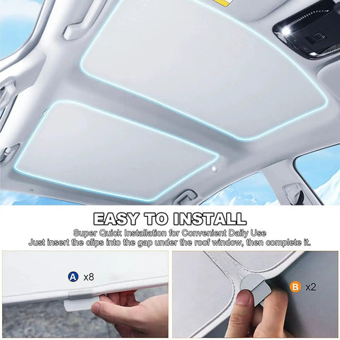 Interior view of Tesla Model 3 roof with installed Roof Sunshade Upgrade Full Coverage Sunroof Shade UV Protection, showing easy clips.