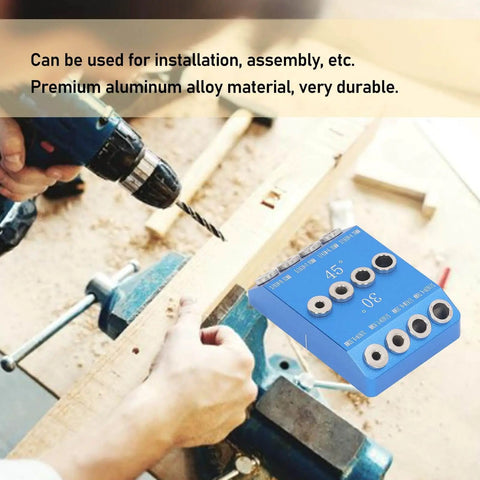 Person using Pro Grade Multi Angle Drill Guide Jig For Precise 30 45 90 Degree Holes on wood, aluminum alloy tool visible