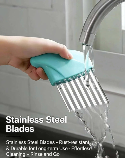 Hand washing a stainless steel crinkle cutter with aqua handle under running water. 4 Piece Crinkle Cutter Set For Veggies Stainless Steel Wavy Cutter Ideal For Potatoes Carrots Chips Lettuce And Butter Assorted Colors Black Blue Pink Kid Friendly Durable ABS Handle Safe Kitchen Tool.