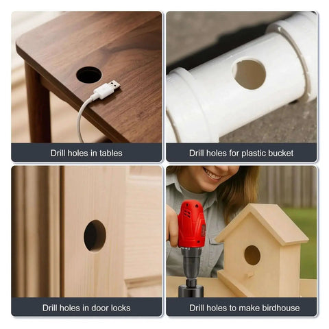 Uses of Pro Grade All-In-One Hole Saw Kit with 11 pieces for drilling holes in wood table, plastic bucket, door lock, and birdhouse.