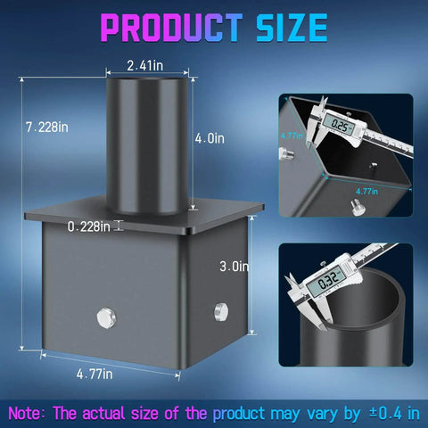 Heavy Duty 2-3/8 Inch Vertical Tenon Pole Adapter For 5 Inch Square Light Poles Rust Proof Slip Fitter Mount For Outdoor Parking Lot Street Shoebox Area Lights Universal Slide Fit Converts Square Poles To Round Fixtures with dimensions and close-up details