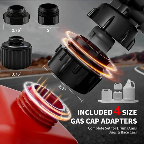 Cordless Fuel Transfer Pump With Auto Stop 3.8 GPM Fast Flow For Gasoline Diesel And Oil USB Powered Battery Operated Four Adapters For Racing Jugs Perfect Gift For Gear Heads And Do It Yourself Guys displaying included gas cap adapters with various sizes.