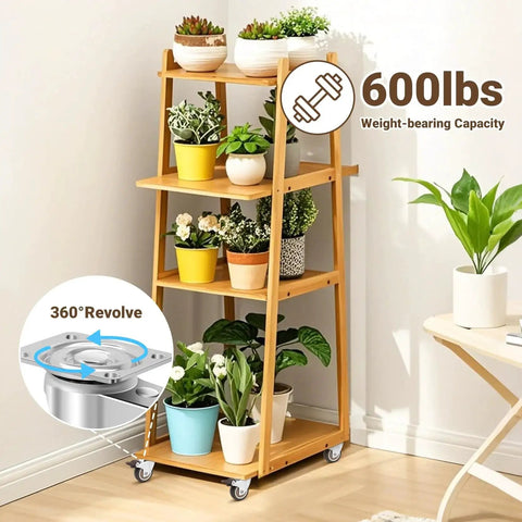 Wooden plant stand on silent 2 inch rubber caster wheels with brakes, displaying potted plants, ideal for furniture and equipment mobility.