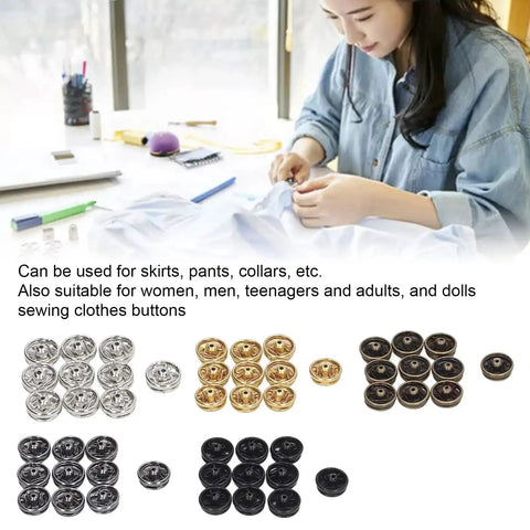Person sewing with 100 Pack 5mm Mini Metal Snap Buttons Sew On Fasteners in 5 Colors for Clothing, Accessories, Dolls and Craft Projects