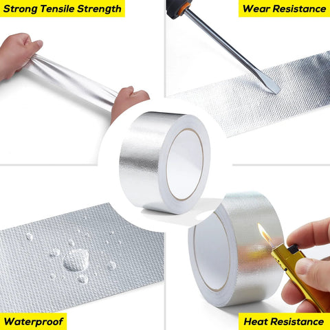 Aluminum foil heat shield tape roll, 2in x 66ft, silver, fiberglass high-temp auto tape for exhaust and hoses