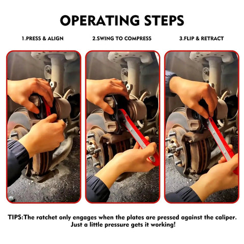 Mumicol brake caliper compression tool in use on a car brake assembly; red lever and steel plates.