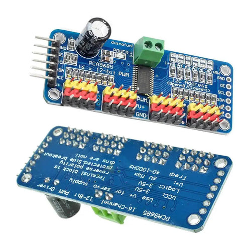 Front and back view of 16 Channel 12 Bit PWM Servo Motor Driver Board With I2C Interface for Arduino and Raspberry Pi