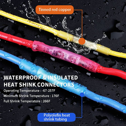 Heat shrink butt connectors with color-coded polyolefin tubing for 12-10 AWG marine wiring