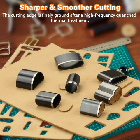 Close-up of 56 Piece Leather Hole Punch Set With Storage Case And Mat Includes Multiple Shapes For Belts Hollow Punch Cutter Tool For Handmade Diy Crafts Durable High Speed Steel Forging For Sharp Clean Cuts on wooden table