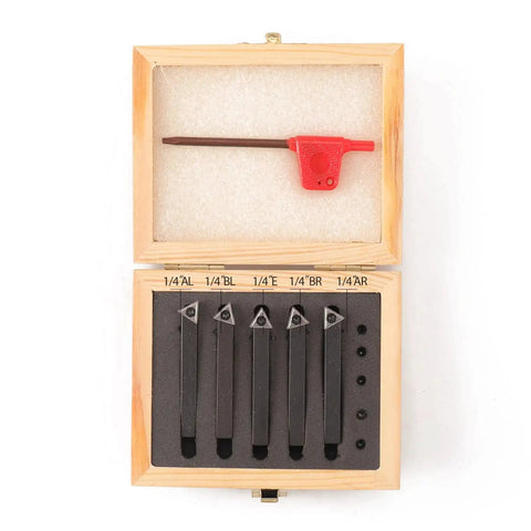 Five Piece Indexable Carbide Turning Tools Set With One Quarter Inch Shank For Turning Facing Boring And Chamfering Includes AL AR BL BR And E Style Holders And Rotatable Carbide Inserts Fits Most Mini Lathes And Bench Top Machines Oudtinx in wooden box