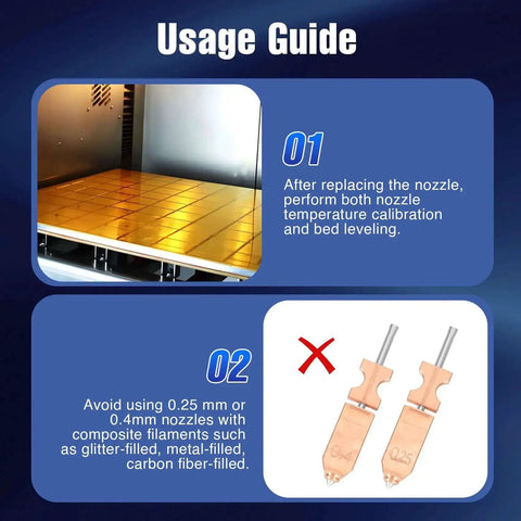 Instruction guide showing nozzle calibration and recommendation for All Metal High Flow Nozzle Kit With 0.25mm 0.4mm 0.6mm Options.