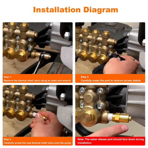 7101359 pressure washer thermal relief valve replacement on Simpson pump; brass valve with 1/4 NPT ports.
