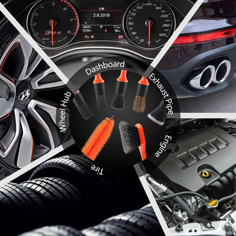 Ergonomic Wheel And Tire Detailing Kit With Easy Reach Rim Brush 5 Detailing Brushes And Microfiber Cloth Short Handle Cleaning Tools