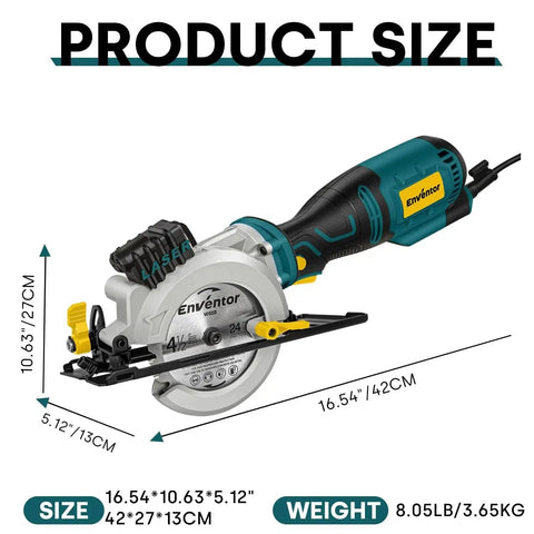 Powerful Mini Circular Saw With 5.8 Amp Motor Delivers 3500 RPM For Wood Metal Tile PVC And Aluminum Four And A Half Inch Blade Comes With Six Blades Laser Guide DIY Friendly Adjustable Cutting Depth For 90 Degree And 45 Degree Cuts Enventor side view with measurements