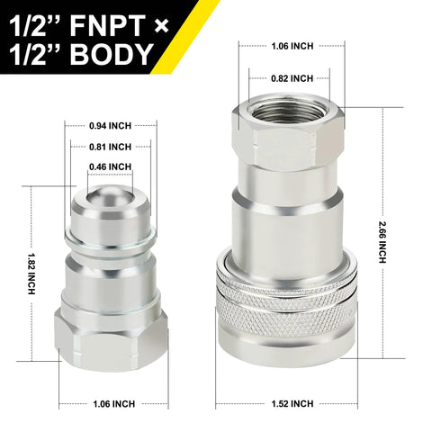 Two chrome hydraulic quick-connect couplers, 1/2 in FNPT x 1/2 in, with dust caps