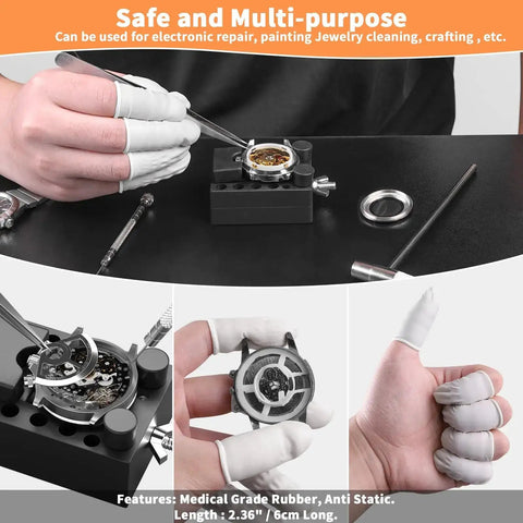 Person using Deluxe 155 Piece Watch Repair Kit With Carrying Case Pro Grade Do It All Tools for detailed watch repair.
