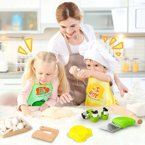 Children using Montessori Toddler Knife Set With Real Cooking Tools For Kids, 15 Piece Kitchen Play Kit Including Plastic Serrated Knives, Wooden Knife, Crinkle Cutter, Cutting Boards, Aprons, Peeler, Bear Sandwich Cutter And Fruit Cutters By HAIMST in kitchen activity.