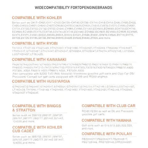 Wide compatibility list for engine brands including Kohler, Ryobi, Kawasaki, Husqvarna, Briggs & Stratton, Club Car, Yamaha, and more.