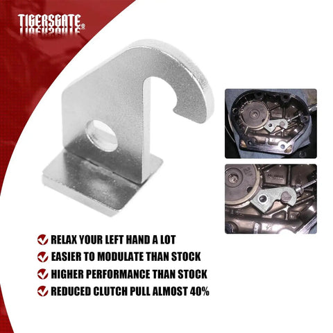 TigerGate silver aluminum clutch lever bracket for Harley Twin Cam, front view, fits 2000–2017 Touring/Softail/Dyna
