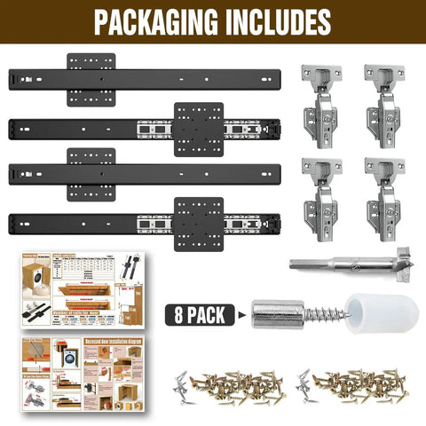 16 Inch Pocket Door Hardware Slides Kit Heavy Duty with pivot hinge, components for sliding inset doors, and installation guide.