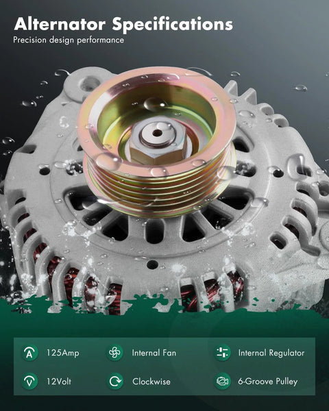 Close-up view of Beefed Up 125Amp 12V Alternator Replacement For Infiniti I30 3.0L 1998-2000, 6-groove pulley, internal fan.