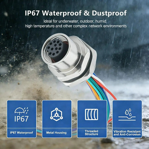M12 12 Pin A Code Female Connector Cable 0.7 Foot IP67 Waterproof Aviation Sensor Socket with metal housing on wet surface