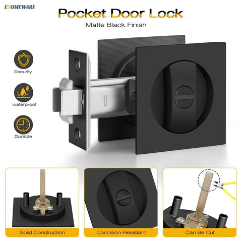 Matte Black Pocket Door Lock Set, No Key Needed Privacy Latch For Bedroom And Bathroom, Heavy Duty Sliding Door Hardware