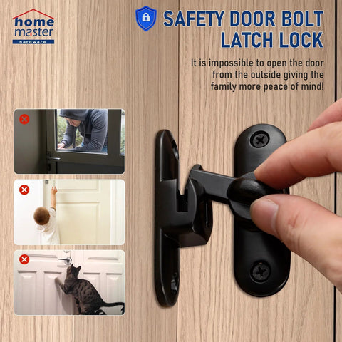 Crazy Tough Heavy Duty Barn Door Lock 90 And 180 Degree Flip Latch Kit in black with anti-theft knob, installed on door.