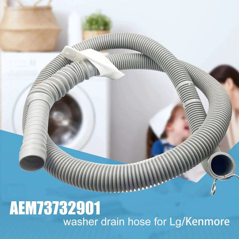 Washer drain hose, gray corrugated plastic, for LG/Kenmore washers (front view)