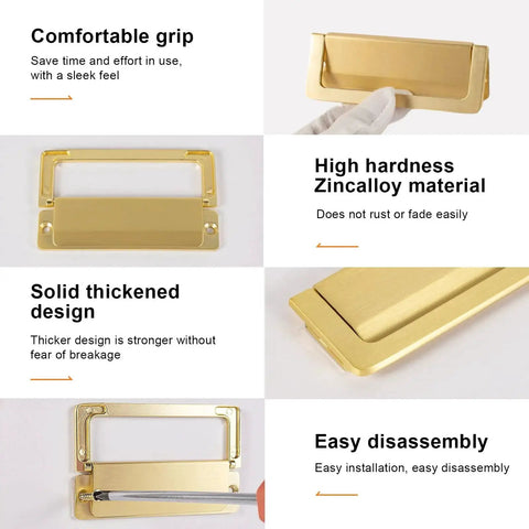Flush Mount Zinc Alloy Cabinet Drawer Handles Hidden Concealed Pulls With Screws Gold Finish 3.78 Inch Durable Hardware Details