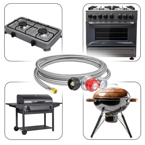 Propane regulator kit with 12ft stainless braided hose and gauge, QCC1 3/8 flare, shown with outdoor stove and grills