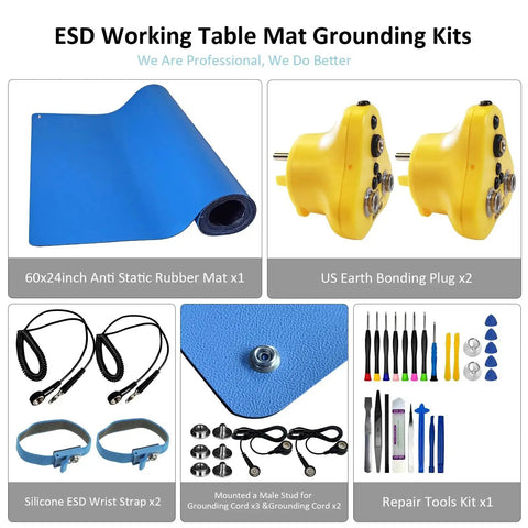 ESD Rubber Mat For Workbench 60x24 Inches With Leather Textured Surface Anti Static Grounding Kit And 25 Piece Repair Tool Set