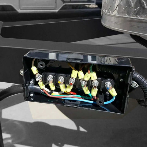 Open view of 7 Way Trailer Junction Box Weatherproof Connector For RV Camper Caravan Boat with exposed terminal studs, wires connected.