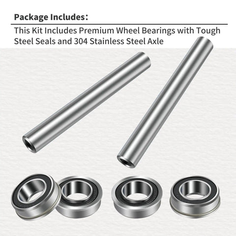 Two Kits Stainless Steel Front Wheel Axle And Bearing Conversion OEM Upgrade For 6 Inch Wheel Sleeves Fits Z Series And RZ Series Lawn Mowers With Beefed Up Rust Resistant Alloy Steel Build, showing stainless steel axles and bearings.