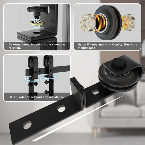 Close-up of 52 Inch Bi Folding Barn Door Hardware Kit For Two Doors With Low Ceiling Lite Roller System showing bearings and nylon wheels.