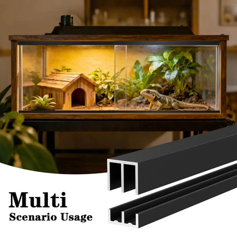 Metal Sliding Door Track Kit Two Sets 48 Inch Length for One Quarter Inch Thick Panels, shown in a reptile aquarium setting.