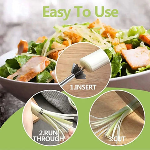 Multifunction Onion Cutter And Veggie Slicer With Ergonomic Stainless Steel Blade showing usage steps next to a salad