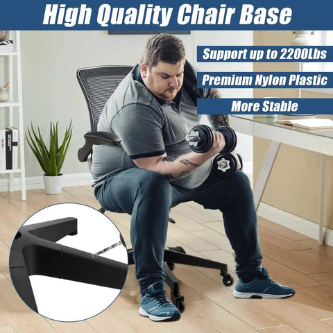 Man sitting on an office chair using dumbbells, close-up of 28 Inch Heavy Duty Office Chair Base Replacement With Wheels Set Of 5 Universal Gas Cylinder Hole Caster Sockets Desk Chair Base Replacement For Most Office Study Vanity Chairs Durable 4 Inch Base Height.