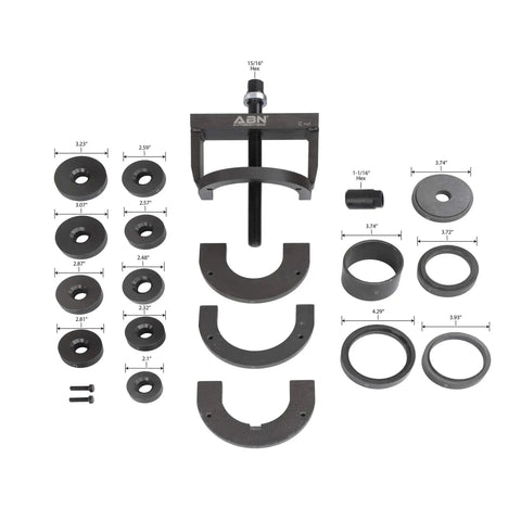 Universal Wheel Bearing Puller Kit And Hub Removal Tool components displayed with measurements for various sizes and shapes.