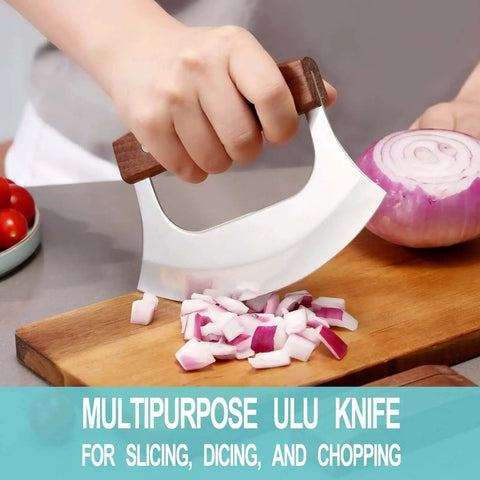 Go To Ulu Knife Rocker With Stand For Pizza Meat Veggies And Herbs Salad Stainless Steel Blade Walnut Wood Handle Kitchen Tools Gadgets Essentials For Home And Pro Chefs chopping onion