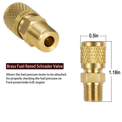 Brass Schrader valve component for Fuel Pressure Test Kit With Billet Cap And Pressure Port For Ford 6.0L Diesel.