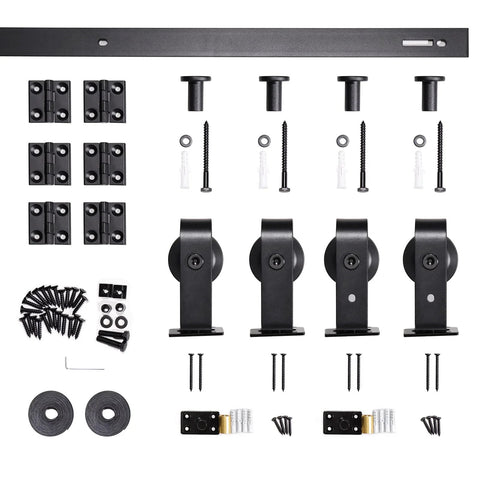 Heavy Duty Four Door Bifold Barn Door Hardware Kit With Black Track And Top Mounted Rollers For Smooth Bifold Sliding Doors Includes Rail Sections Rollers Hinges Floor Guides And Mounting Screws Door Not Included shown in components view