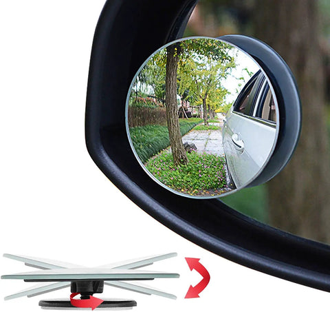 Blind Spot Mirror 2 Inch Round HD Glass Frameless Convex Rear View Mirror Pack Of 2 For Side Mirrors No-Fuss 360 Degree Adjustable clear view installed on side mirror.