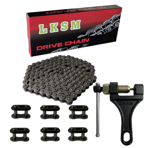 420 Chain 132 Link Motorcycle Standard Roller Chain With Chain Breaker And 6 Connecting Master Link For 100cc 110cc 125cc Mini ATV Quad Go Kart Scooter Ride Ready Built For Power Transfer And Durability kit with components displayed.