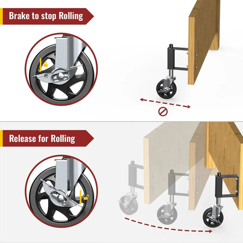 Heavy Duty Gate Caster With Spring Loaded Wheel, Swivel Gate Wheel showing brake and release function on wooden gates