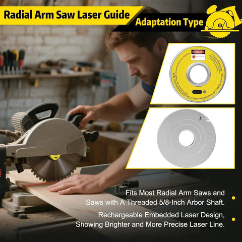 Rechargeable Radial Arm Saw Laser Guide For Five Eighth Inch Arbor With Snap In Slim Design Brighter Laser Auto Activation And Precision Cutting For Pro Level Accuracy in use, showing installation on saw and laser guide details.