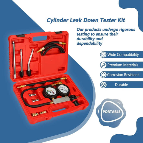 Compression Leakdown Tester Kit For Gasoline Engines Handor Dual Gauge With Universal Connectors And Adapters 3 In 1 Diagnostic Tool For Pressure Check And Leakage Rate Test, open red case with gauges and connectors