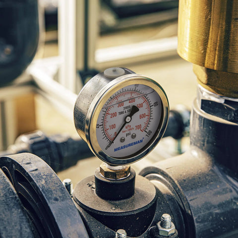 Pressure gauge by MeasureMan, 2.5-inch dial, stainless steel, lower-mount on hydraulic piping